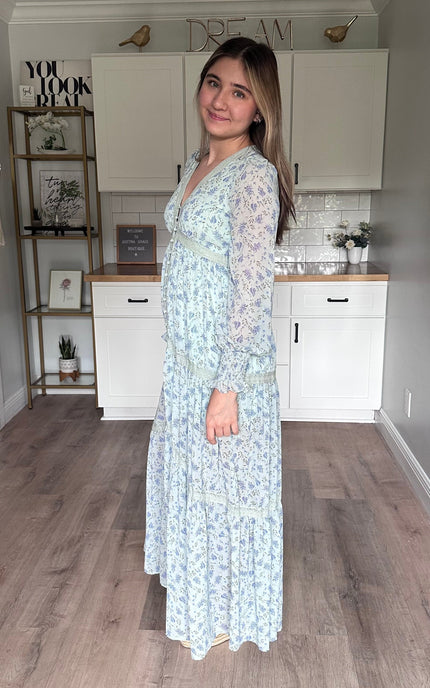 Side view of the Leah floral lace trim maxi dress showing soft drape and flowy maxi length
