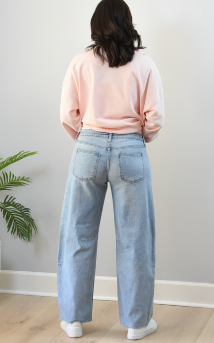 Light Wash Barrel Jeans — relaxed sculpted denim silhouette with mid rise from Justyna Grace Boutique.