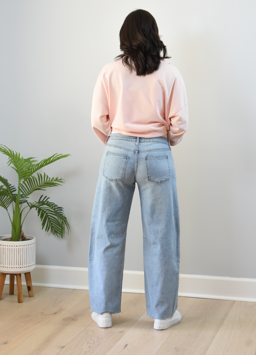 Light Wash Barrel Jeans — relaxed sculpted denim silhouette with mid rise from Justyna Grace Boutique.