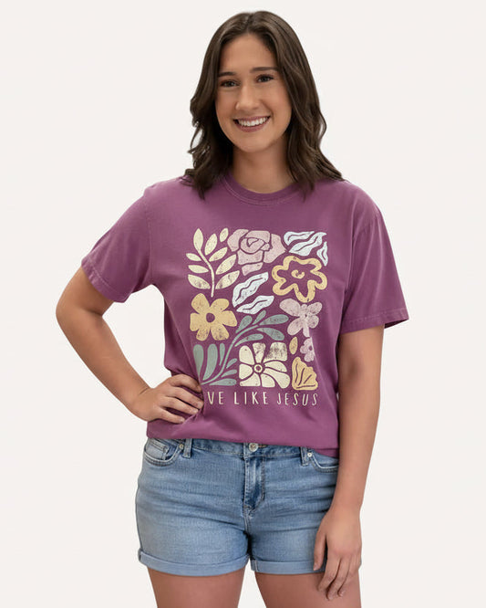 Vintage-style “Love Like Jesus” floral graphic tee with soft cotton feel and relaxed fit.