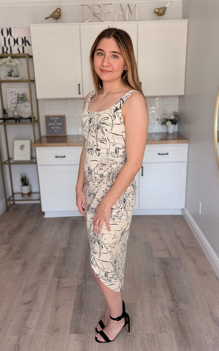 Lydia rayon linen square neck midi dress with wrap style silhouette and tulip hem