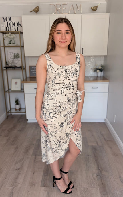 Lydia rayon linen square neck midi dress with wrap style silhouette and tulip hem