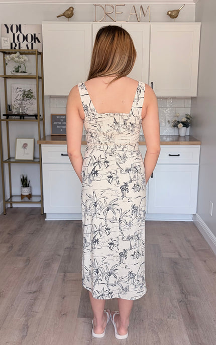 Smocked back waistband detail on Lydia rayon linen midi dress
