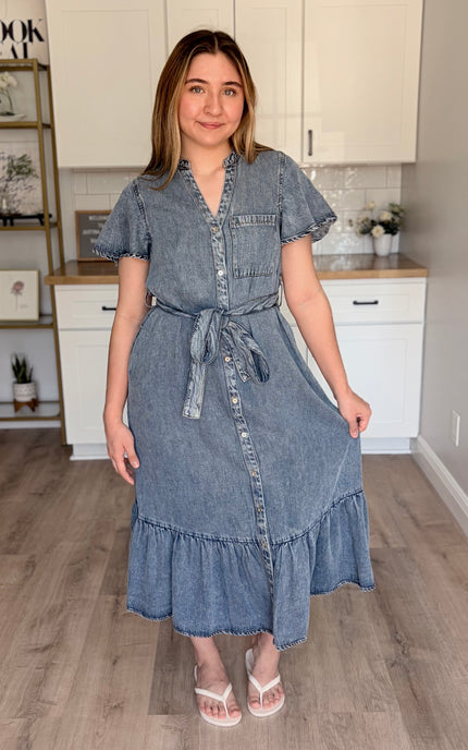 Maeve 100 percent Tencel midi dress with button down front and removable belt