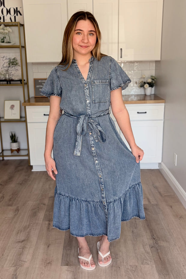 Maeve 100 percent Tencel midi dress with button down front and removable belt