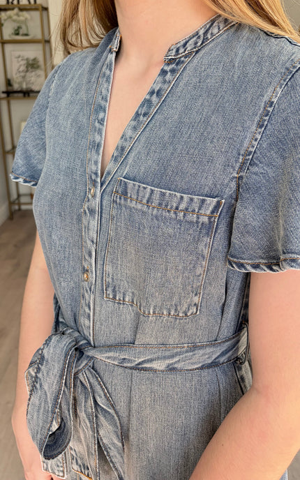 Removable waist belt detail on Maeve Tencel midi dress