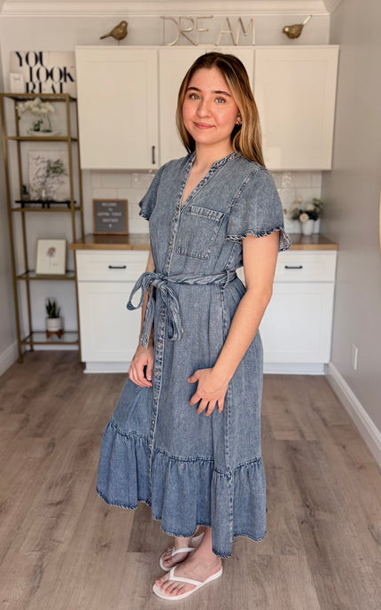 Maeve 100 percent Tencel midi dress with button down front and removable belt