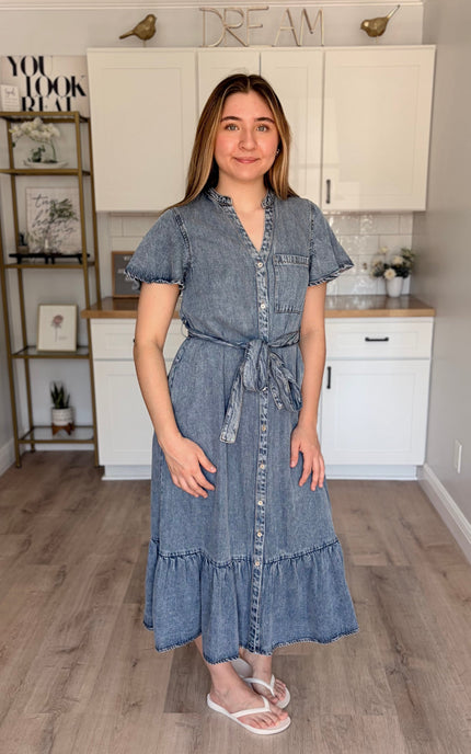 Maeve 100 percent Tencel midi dress with button down front and removable belt