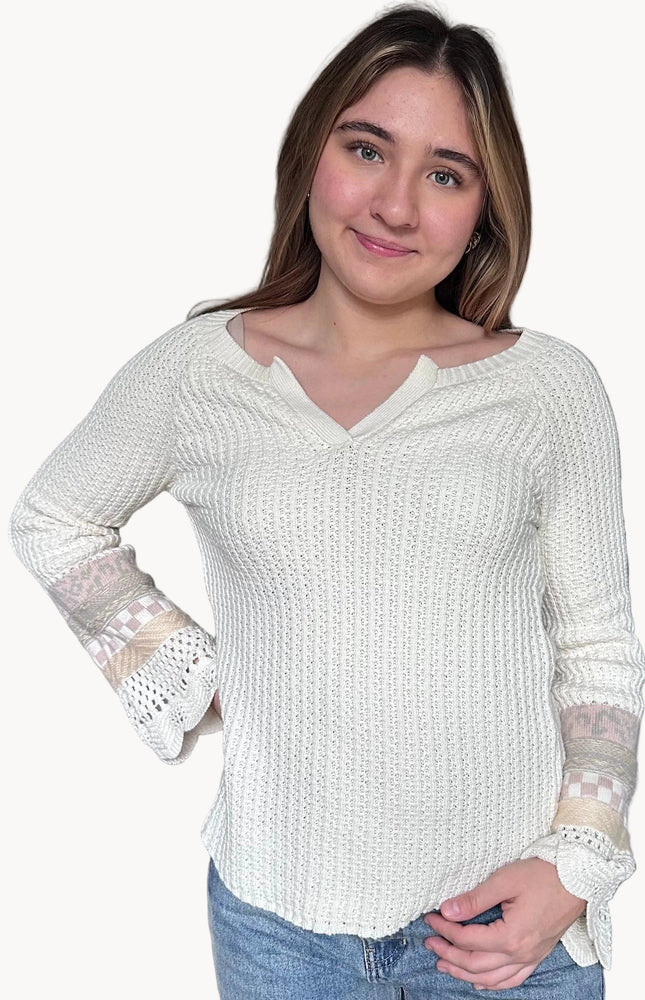 Margot mixed sleeve henley sweater with sliced V-neckline and relaxed cotton knit body