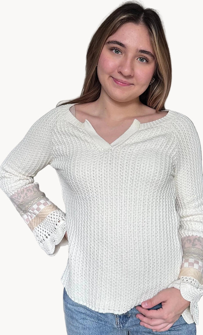 Margot mixed sleeve henley sweater with sliced V-neckline and relaxed cotton knit body