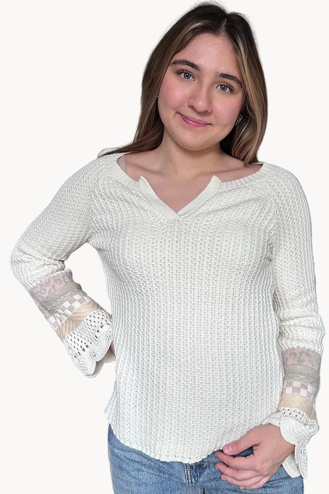 Margot mixed sleeve henley sweater with sliced V-neckline and relaxed cotton knit body