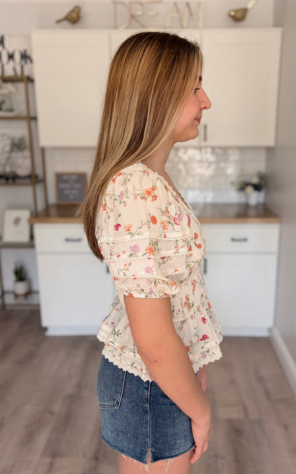 Maribel eyelet peplum top in floral cotton rayon blend with smocked waist
