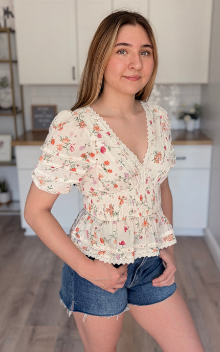 Maribel eyelet peplum top in floral cotton rayon blend with smocked waist