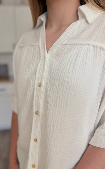 Mineral washed cotton gauze texture on Marin button down shirt