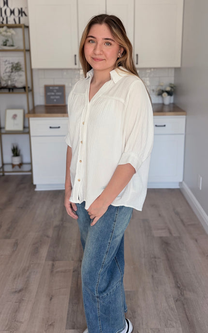 Mineral washed cotton gauze texture on Marin button down shirt