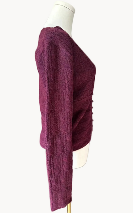 Merlot plum v-neck button down sweater top on mannequin - textured feminine knit from Justyna Grace Boutique