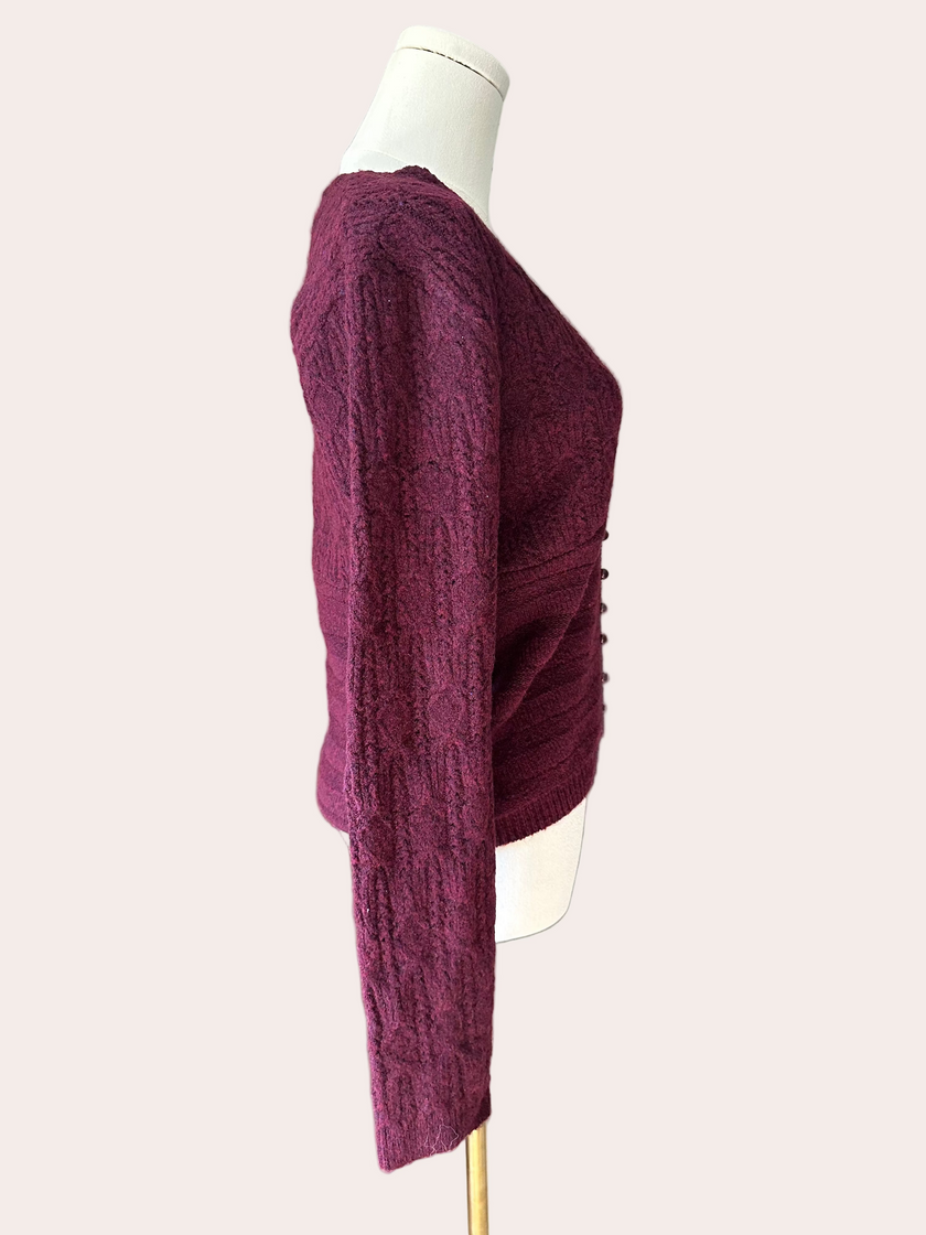 Merlot plum v-neck button down sweater top on mannequin - textured feminine knit from Justyna Grace Boutique