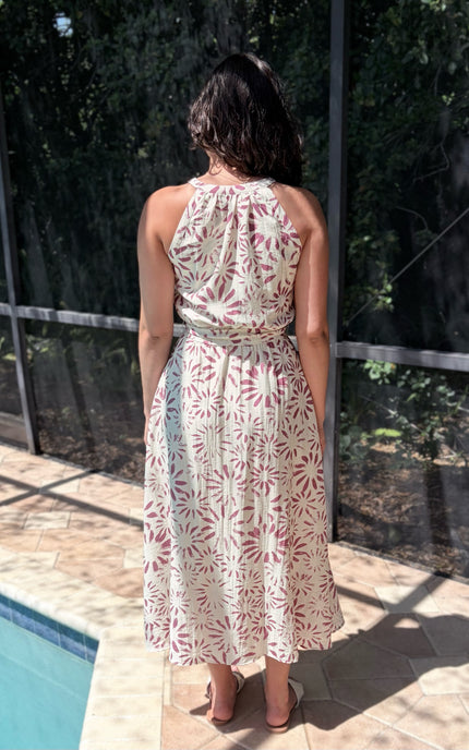 Flowy midi dress on model (5'8", Size Small, Bust 37"), featuring halter neckline and defined waist