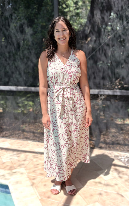 Clean halter tie closure on abstract floral midi dress