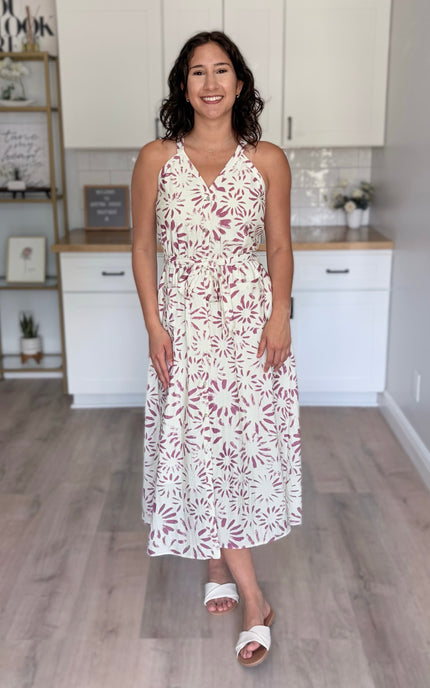 Abstract floral halter midi dress with surplice V-front and self-tie waist belt