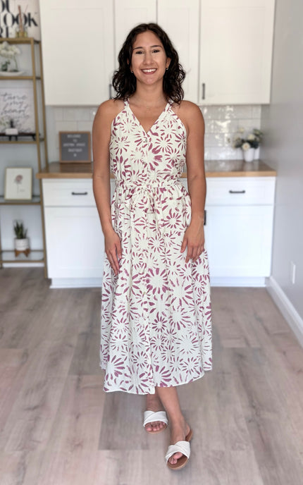 Lightweight abstract floral print halter midi dress with flattering surplice V-front