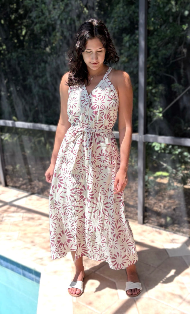Effortless flowy halter midi dress in abstract floral, perfect for warm-weather elegance