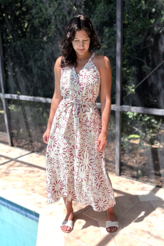 Effortless flowy halter midi dress in abstract floral, perfect for warm-weather elegance
