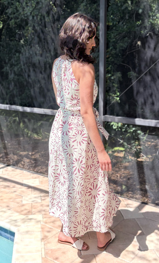 Soft rayon-blend halter midi dress in abstract floral print with beautiful movement
