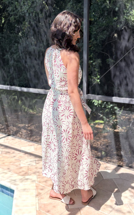Soft rayon-blend halter midi dress in abstract floral print with beautiful movement