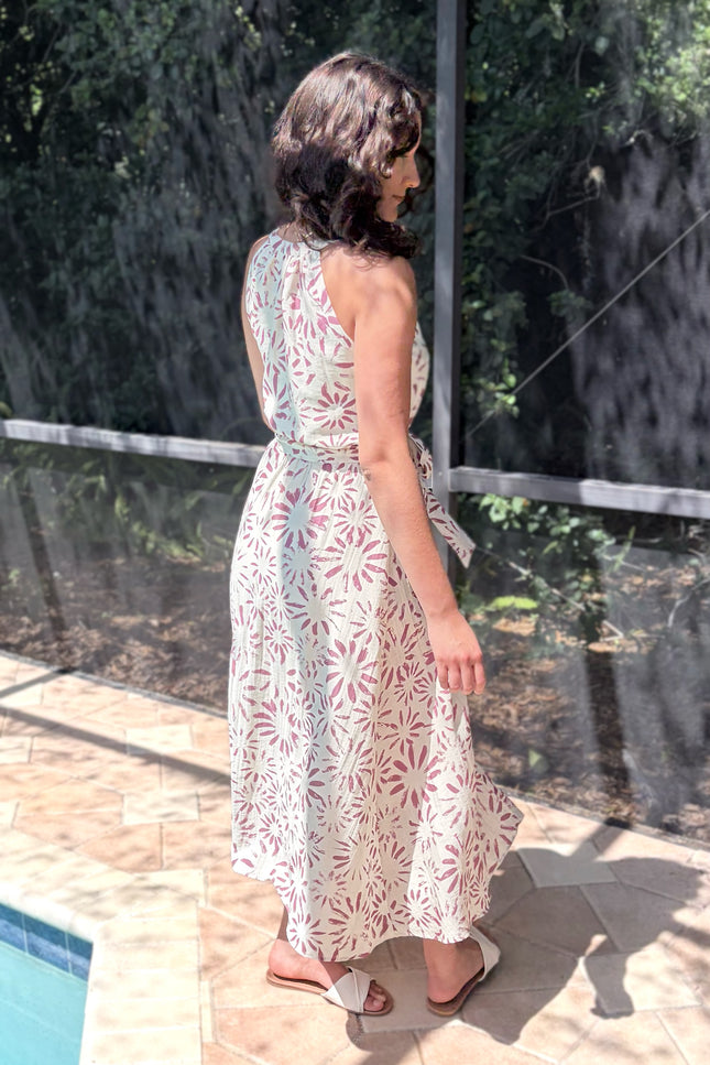 Soft rayon-blend halter midi dress in abstract floral print with beautiful movement