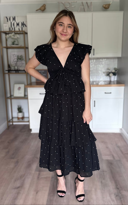 Midnight Polka Tiered Midi Dress – black cotton midi dress with polka dots and V-neck