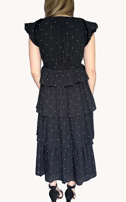 Midnight Polka Tiered Midi Dress – black cotton midi dress with polka dots and V-neck