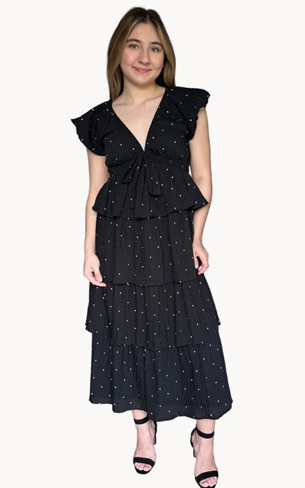 V-neck black polka dot midi dress with breathable cotton fabric
