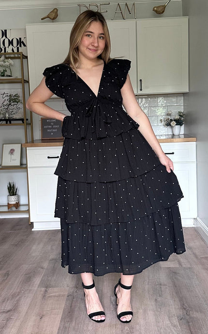 Midnight Polka Tiered Midi Dress – black cotton midi dress with polka dots and V-neck