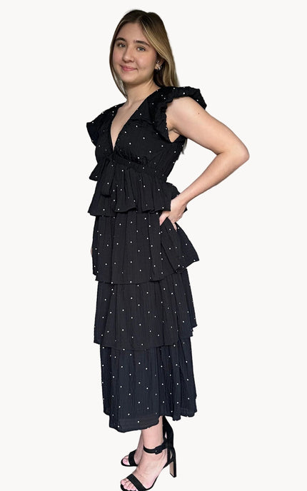 Midnight Polka Tiered Midi Dress – black cotton midi dress with polka dots and V-neck