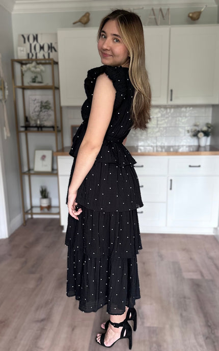 Midnight Polka Tiered Midi Dress – black cotton midi dress with polka dots and V-neck