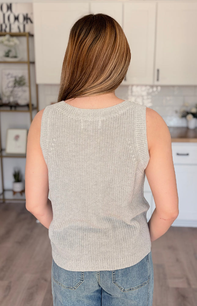 Model wearing Mila linen cotton sleeveless sweater tank with relaxed fit