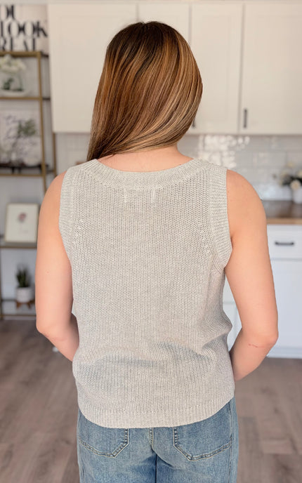 Model wearing Mila linen cotton sleeveless sweater tank with relaxed fit