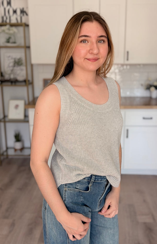 Model wearing Mila linen cotton sleeveless sweater tank with relaxed fit