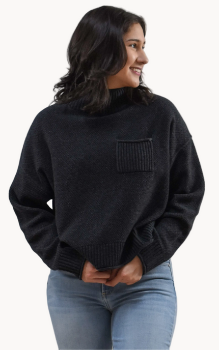 Neutral mock neck long-sleeve sweater top on soft linen background, made from a cozy knit blend.