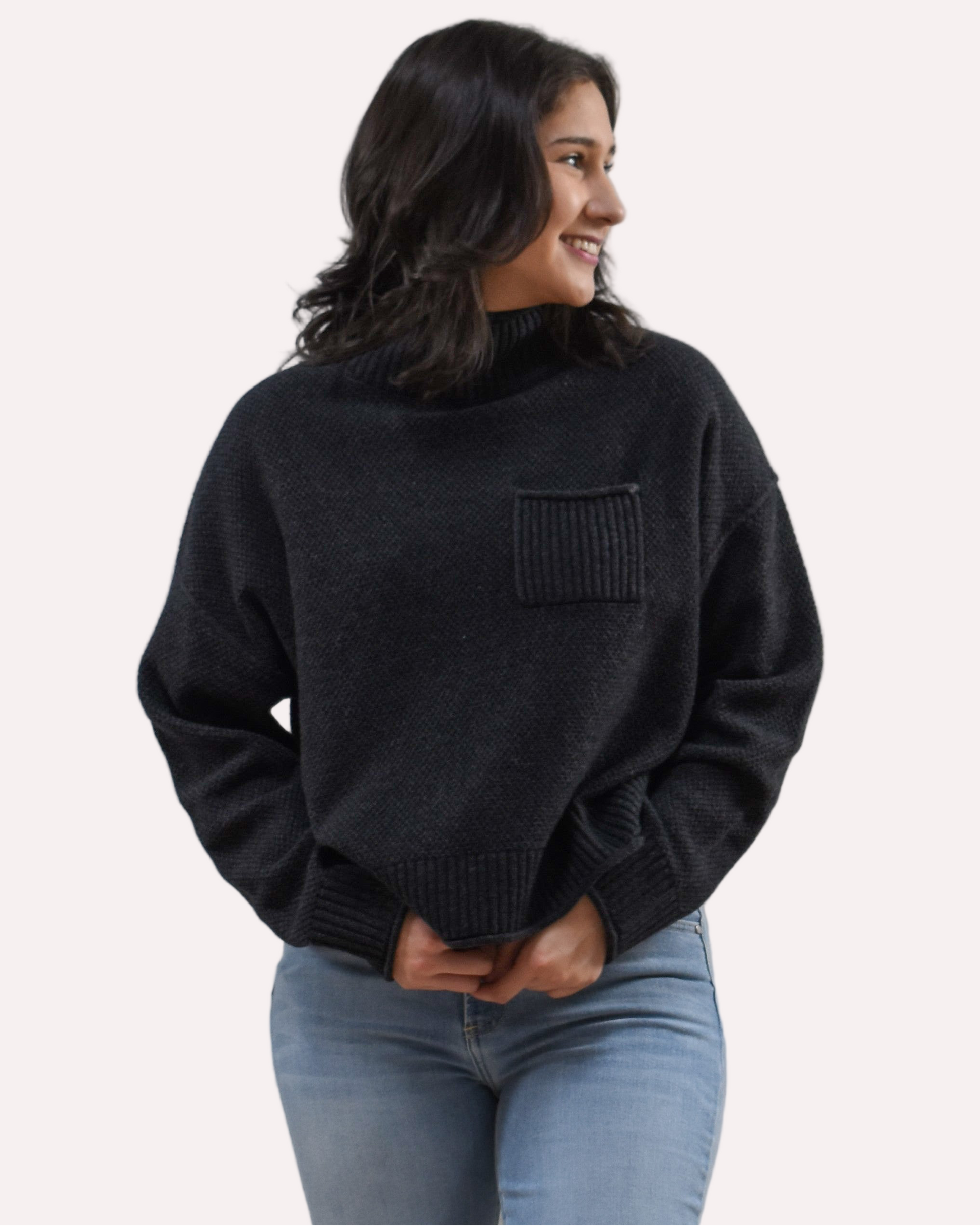 Neutral mock neck long-sleeve sweater top on soft linen background, made from a cozy knit blend.