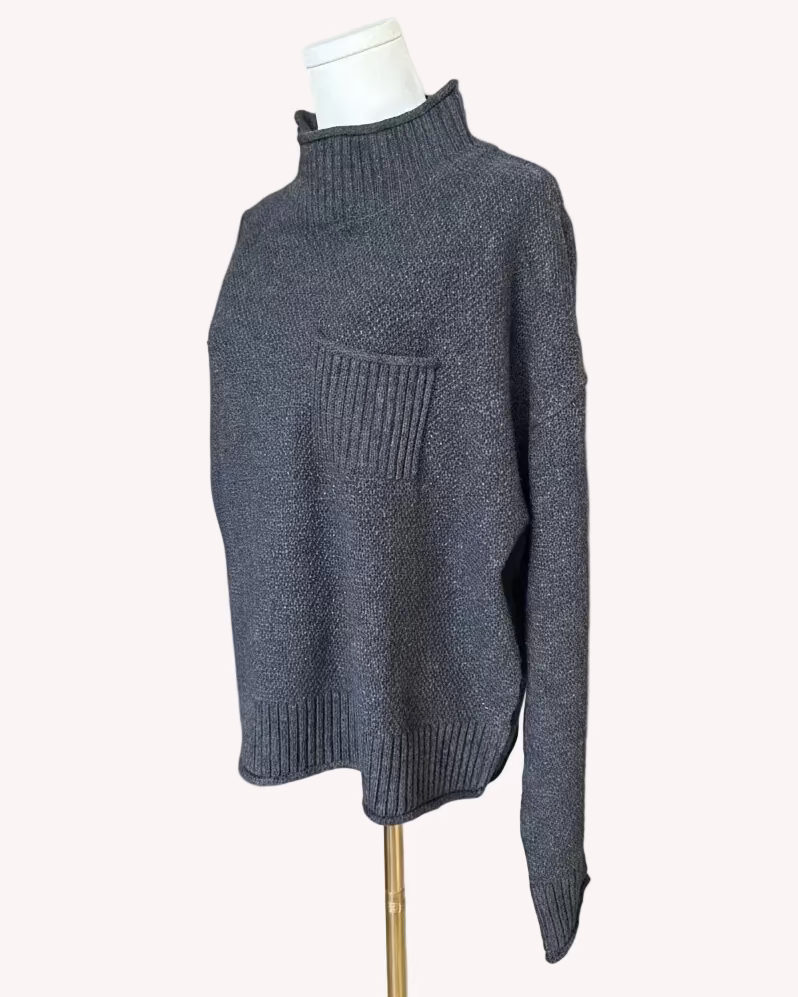 Mock neck long sleeve sweater top in a soft wool-blend knit with a simple, cozy silhouette, photographed on Soft Linen background.