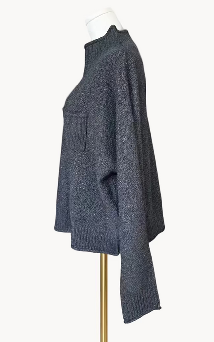 Mock neck long sleeve sweater top in a soft wool-blend knit with a simple, cozy silhouette, photographed on Soft Linen background.