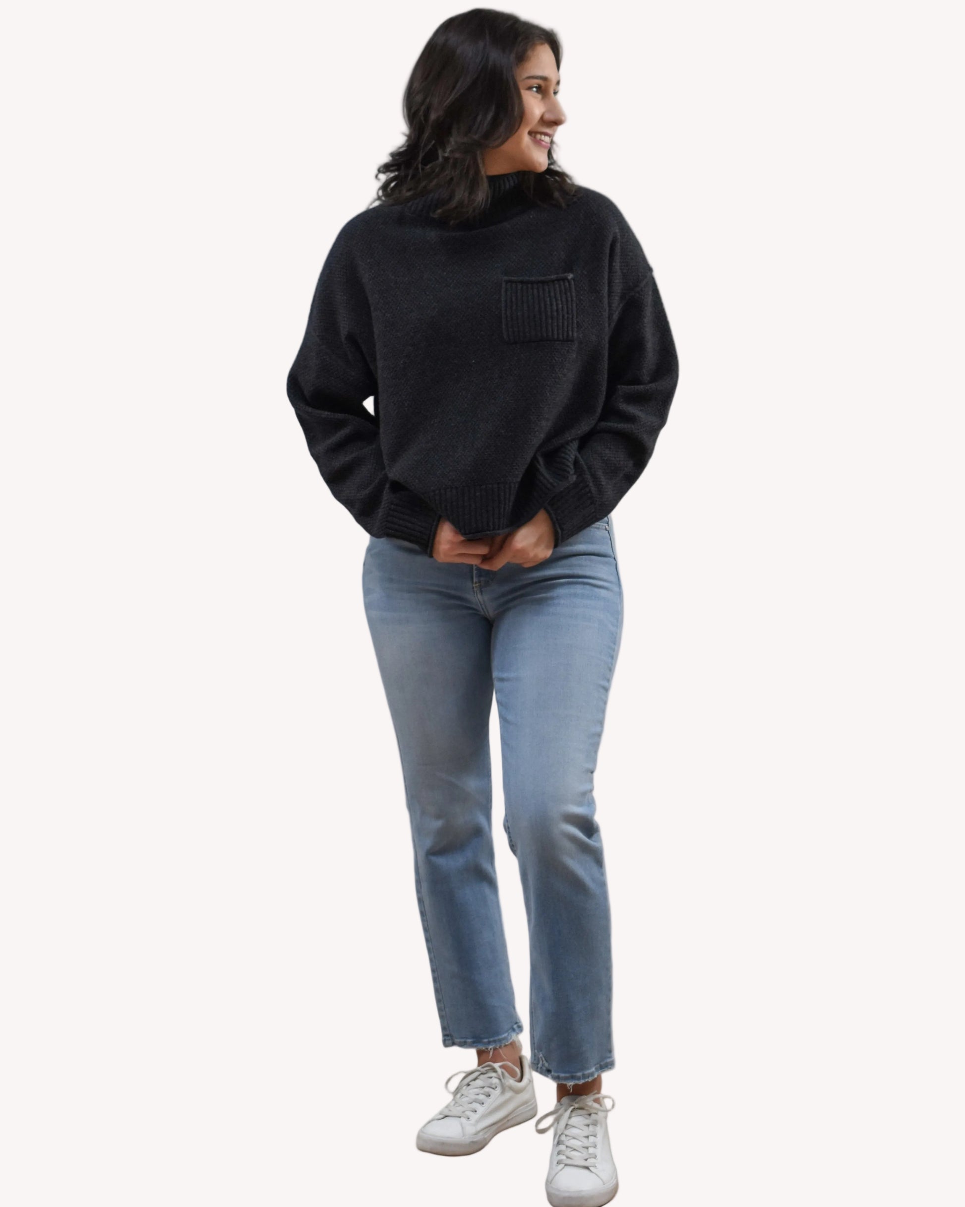 Neutral mock neck long-sleeve sweater top on soft linen background, made from a cozy knit blend.