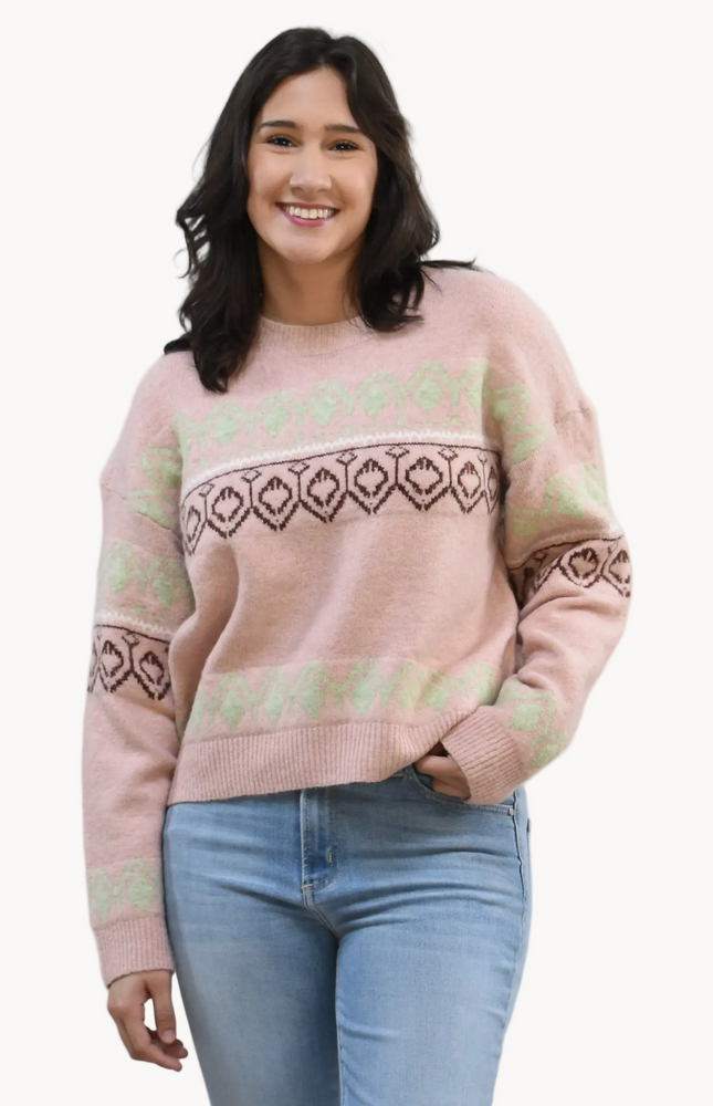 Mosaic Knit Pullover on soft linen background, featuring a geometric knit pattern and relaxed silhouette.