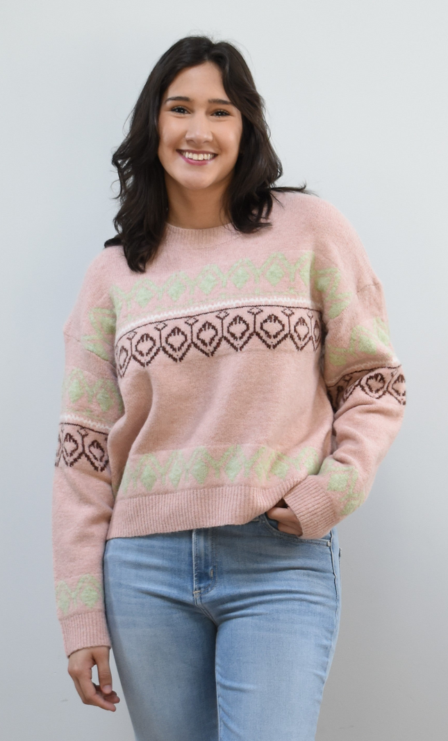 Mosaic Knit Pullover on soft linen background, featuring a geometric knit pattern and relaxed silhouette.