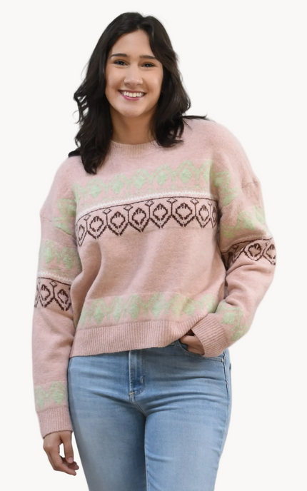 Mosaic Knit Pullover on soft linen background, featuring a geometric knit pattern and relaxed silhouette.