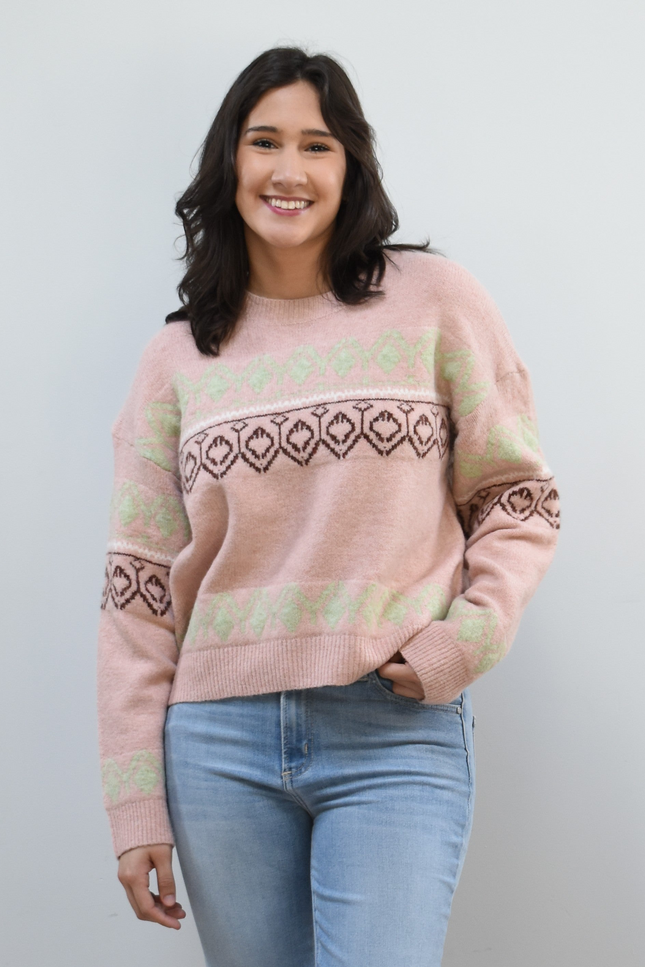 Mosaic Knit Pullover on soft linen background, featuring a geometric knit pattern and relaxed silhouette.