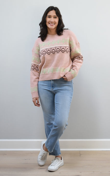 Mosaic Knit Pullover on soft linen background, featuring a geometric knit pattern and relaxed silhouette.