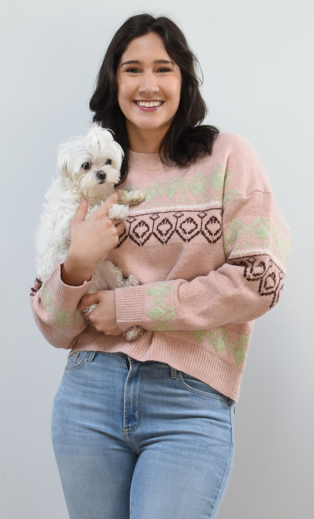Mosaic Knit Pullover on soft linen background, featuring a geometric knit pattern and relaxed silhouette.